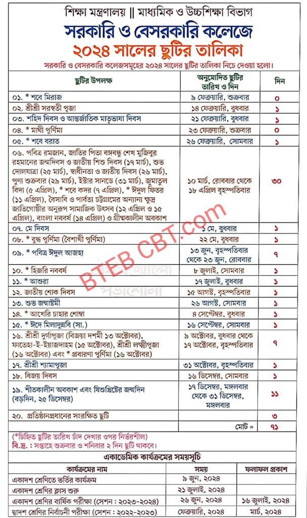 সরকারি ও বেসরকারি কলেজে ২০২৪ সালের ছুটির তালিকা