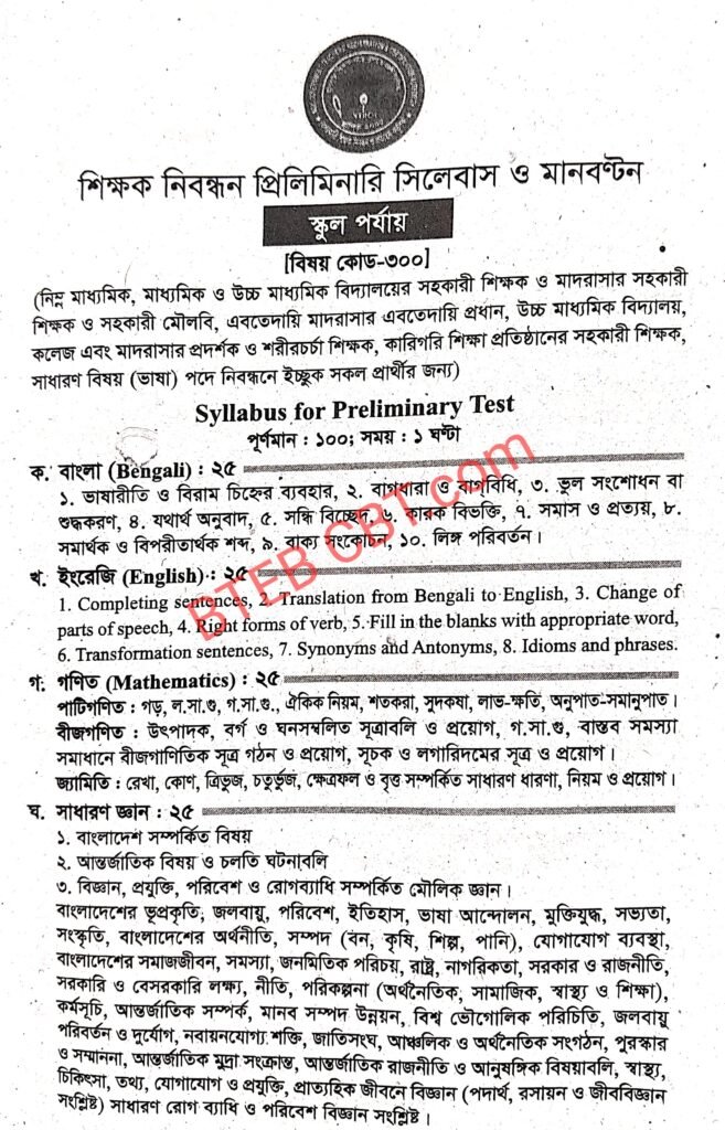 ১৮ তম শিক্ষক নিবন্ধন পরীক্ষার সিলেবাস স্কুল পর্যায়