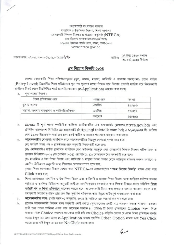 ১৯ তম শিক্ষক নিবন্ধন নিয়োগ বিজ্ঞপ্তি ২০২৪ | 19th NTRCA Niyog Biggopti 2024